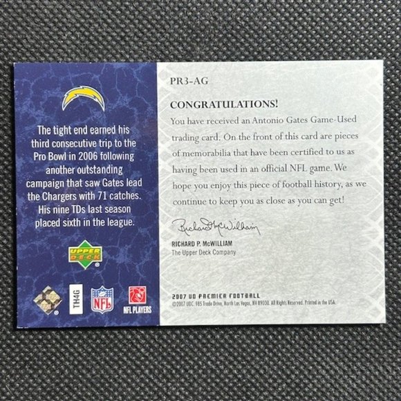 2007 UD Premier Premier Remnants Triple /99 Antonio Gates #PR3-AG - Picture 3 of 3